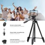 Group taking selfie with smartphone on tripod, remote control shutter, compatible with 4.3-6.8 inch phones.