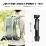 Lightweight camera tripod attached to a backpack for portable travel.