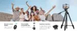 Group of people taking a selfie with a smartphone on a tripod, featuring remote control and phone holder.
