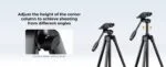 Adjustable camera tripod with center column locking knob for versatile shooting angles.