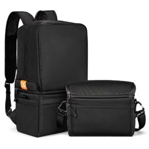 Black camera backpack and shoulder bag set for photography gear.