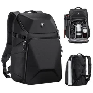 Black camera backpack with compartments for lenses and accessories, ideal for photographers.