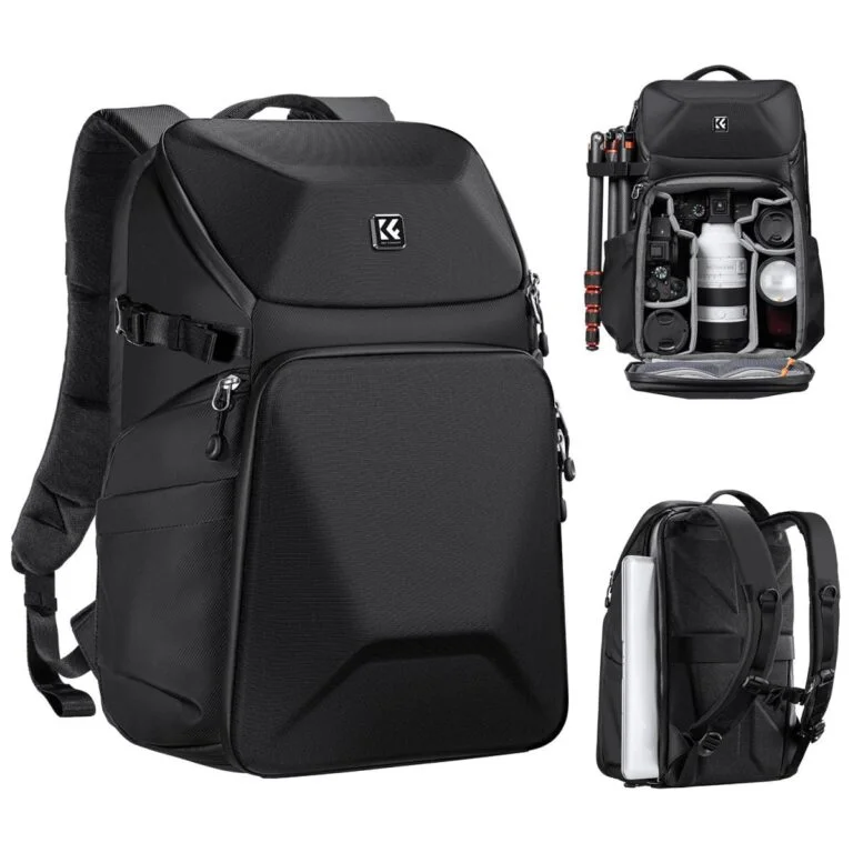 Black camera backpack with compartments for lenses and accessories, ideal for photographers.
