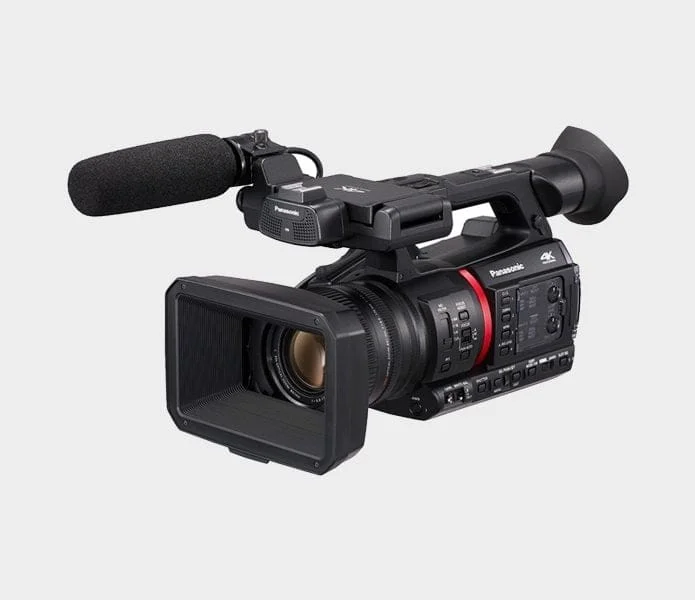 Panasonic camcorder with microphone, ideal for professional video recording.