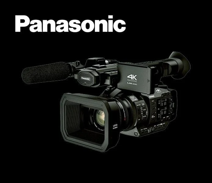 Panasonic 4K professional camcorder with microphone, ideal for videography and cinema.