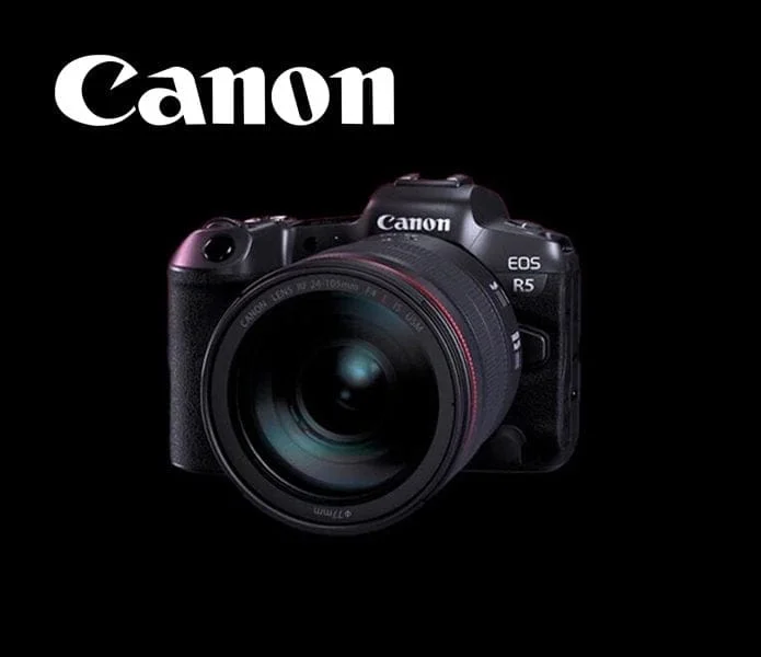 Canon EOS R5 mirrorless camera body with lens, available at Camix UK.