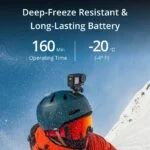 Action camera mounted on helmet in snowy mountain setting, highlighting deep-freeze resistance and long-lasting battery.
