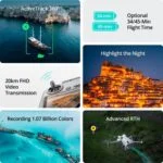 Drone features including ActiveTrack, flight time, video transmission, color recording, and advanced return home.