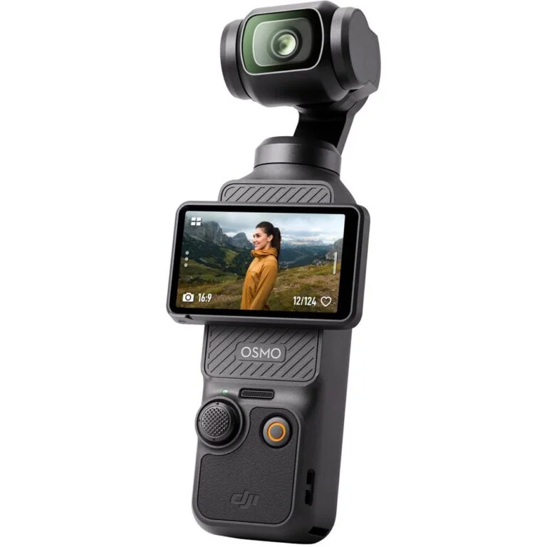 DJI Osmo Pocket camera with screen displaying a landscape photo.