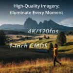 Woman walking in scenic landscape with mountains, promoting high-quality imagery and 4K video capabilities.