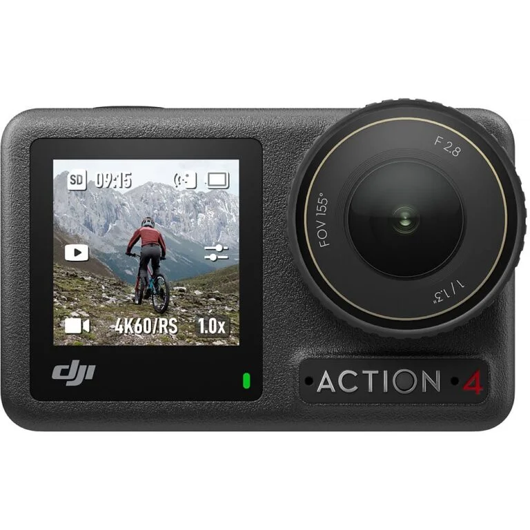 DJI Action 4 camera displaying a cyclist on a mountain trail.