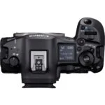 Top view of a Canon DSLR camera body with control dials and LCD screen.