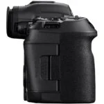 Side view of a professional DSLR camera body with textured grip.