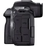 Side view of a Canon DSLR camera body with various ports visible.