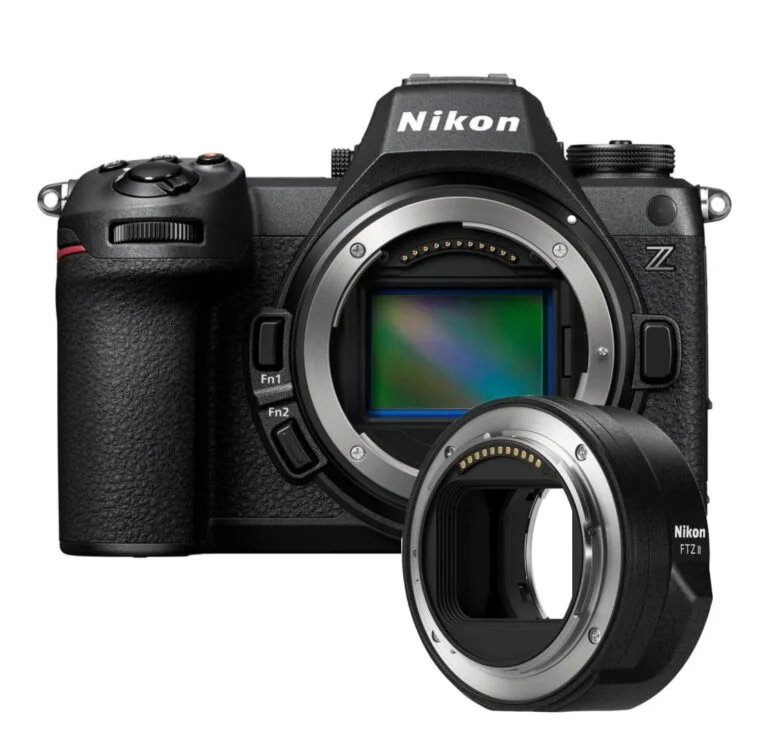 Nikon Z camera body with FTZ adapter for lenses, available at Camix UK.
