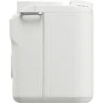 Side view of a white digital camera body with textured grip.