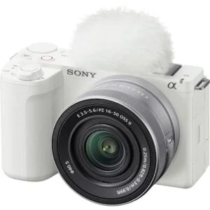White Sony mirrorless camera with lens, ideal for photography enthusiasts.