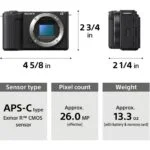 Sony mirrorless camera body with APS-C sensor, 26 MP, compact design.