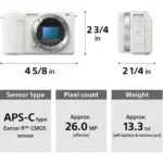 Sony mirrorless camera with APS-C sensor, 26 MP, compact design, shown with dimensions.