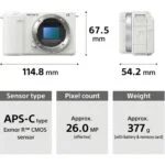 Sony mirrorless camera body with APS-C sensor, dimensions, and weight details.