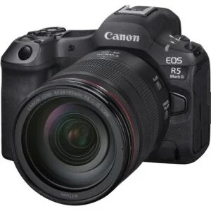 Canon EOS R5 Mark II mirrorless camera with RF 24-105mm lens, available at Camix UK.