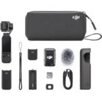 DJI camera and accessories kit including gimbal, case, and cables.