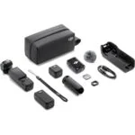 DJI camera accessories including case, microphone, and mounts on display.