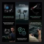 Professional gimbal with advanced features for cameras, showcasing vertical shooting and high-capacity battery grip.