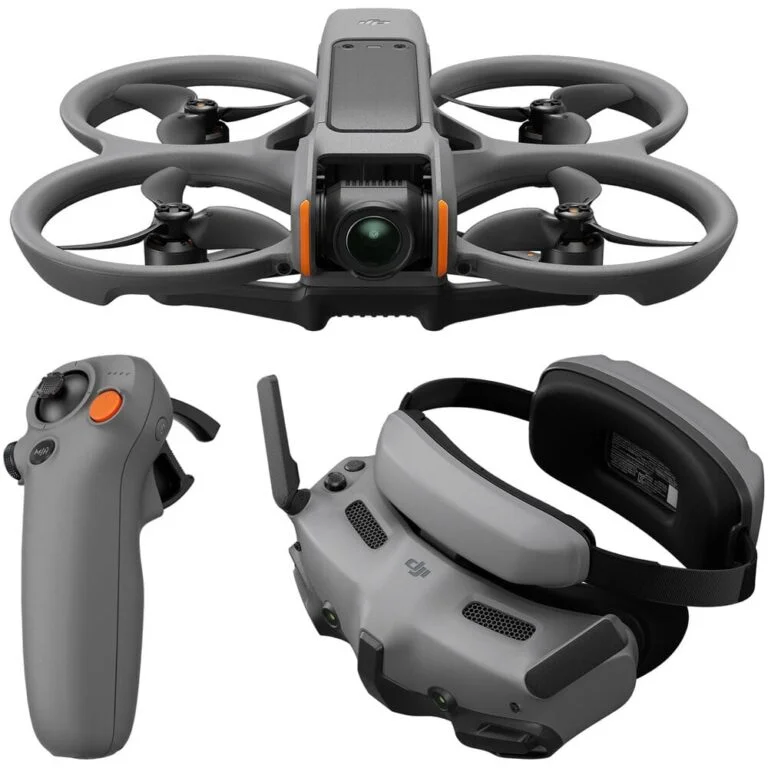 DJI drone with controller and goggles, ideal for aerial photography and videography.