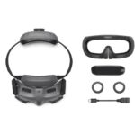 DJI drone accessories including goggles and components on a white background.