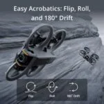 Drone performing acrobatics on rocky terrain, showcasing flip, roll, and 180-degree drift capabilities.