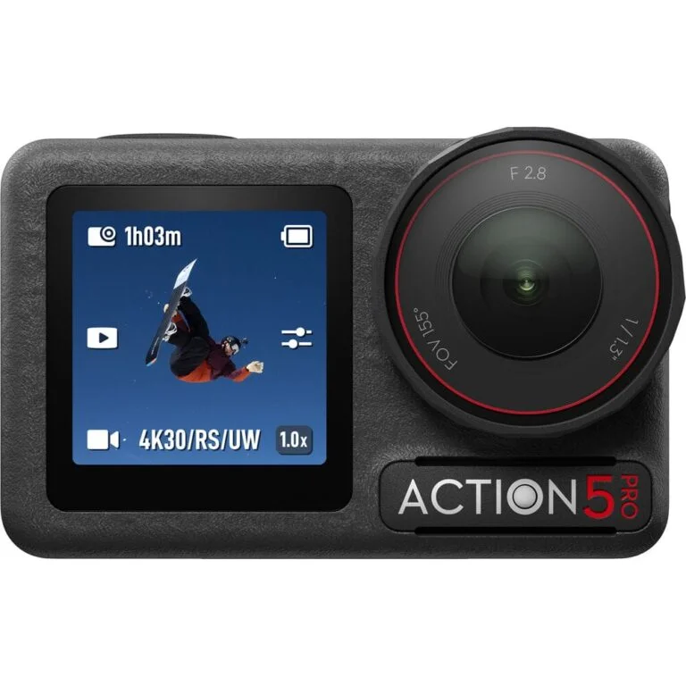 Action camera with LCD screen showing snowboarder, ideal for capturing extreme sports.