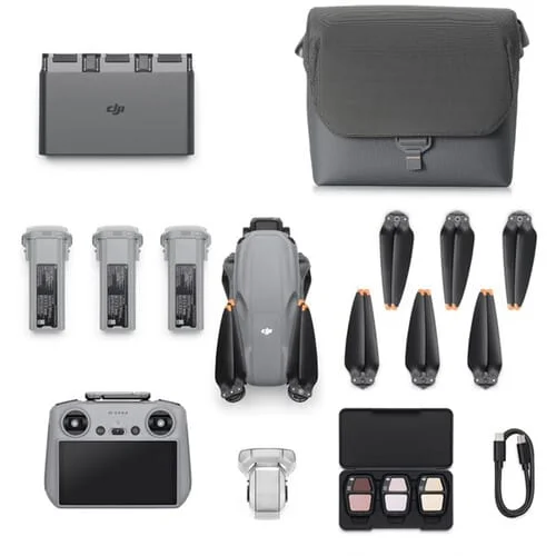 DJI drone with accessories including batteries, propellers, remote, and carrying case.