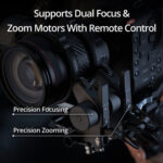 Professional camera with dual focus and zoom motors, remote control support.