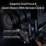 Professional camera with dual focus and zoom motors, remote control support.