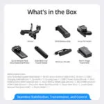 Camera gimbal kit with battery grip, focus motor, and accessories.