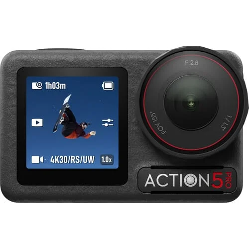 Action camera with display showing snowboarder, available at Camix UK.