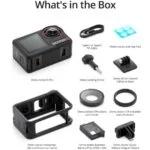 Osmo Action 5 Pro camera with accessories including cables, lens cover, and protective frame.
