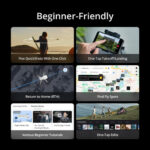 Beginner-friendly drone features including quick shots, easy takeoff, return home, and tutorials.