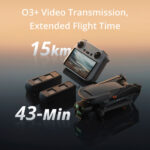 DJI drone with controller and batteries, 15km range, 43-min flight time.