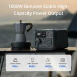 Portable power station on table with coffee maker, showcasing 1000W output.