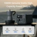 Portable power station on table with coffee maker, showcasing 1000W output.