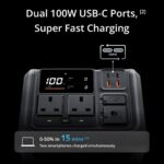 Dual 100W USB-C ports for fast charging, power station with outlets and display.