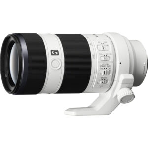 Sony telephoto zoom lens with tripod mount, ideal for professional photography.