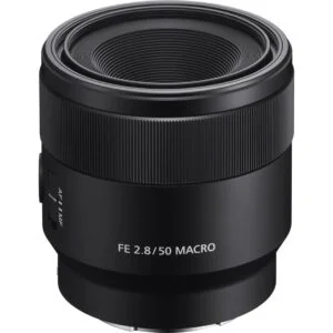 Sony FE 2.8 50mm macro lens for mirrorless cameras, ideal for close-up photography.