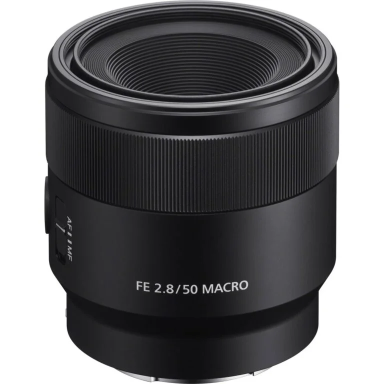 Sony FE 2.8 50mm macro lens for mirrorless cameras, ideal for close-up photography.