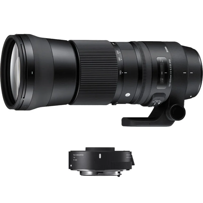Sigma telephoto lens and teleconverter for professional photography.