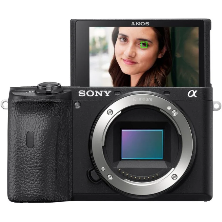Sony mirrorless camera with flip screen, ideal for photography enthusiasts.