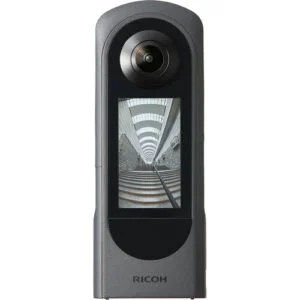 Ricoh 360-degree camera with display showing staircase, available at Camix UK.