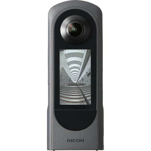 Ricoh 360-degree camera with display showing staircase, available at Camix UK.